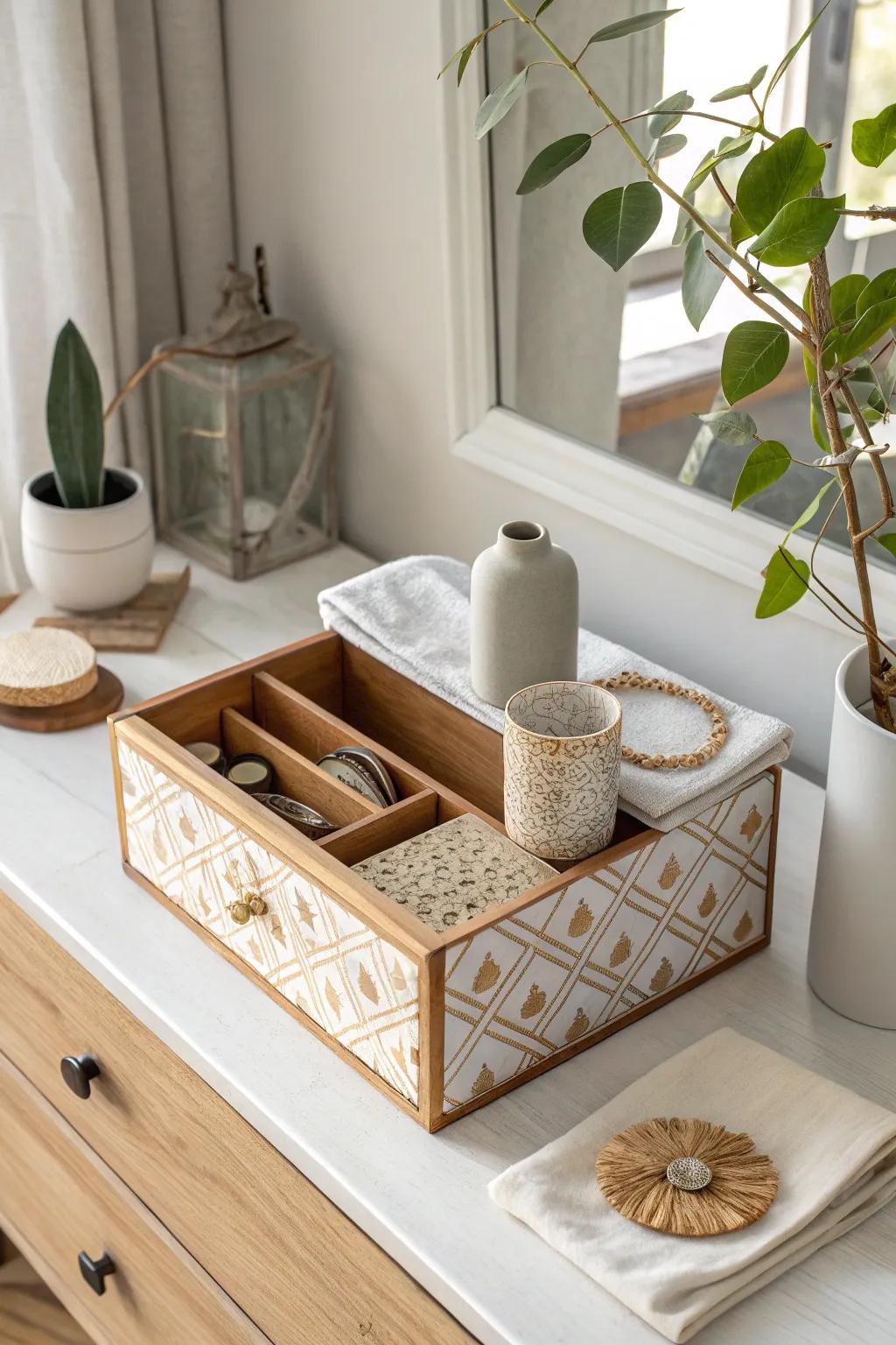 Stylish storage with decorative boxes keeps clutter hidden and your dresser elegantly organized. 🌿 #StorageSolutions #DecorInspiration
