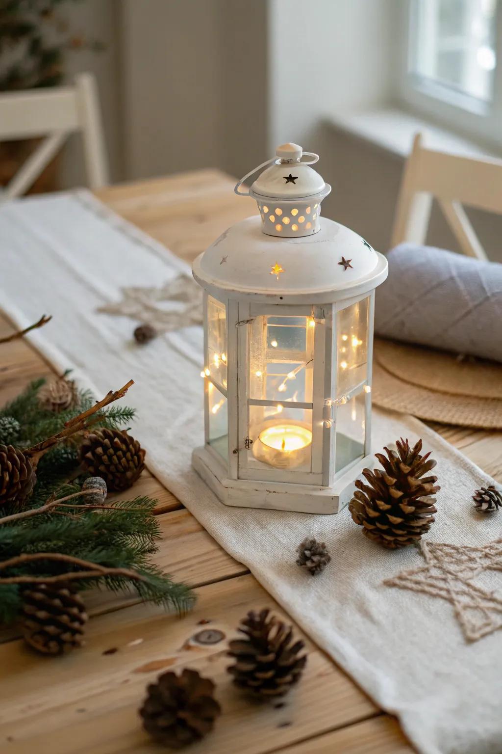 A charming lantern with fairy lights creates a warm, inviting atmosphere perfect for autumn gatherings.