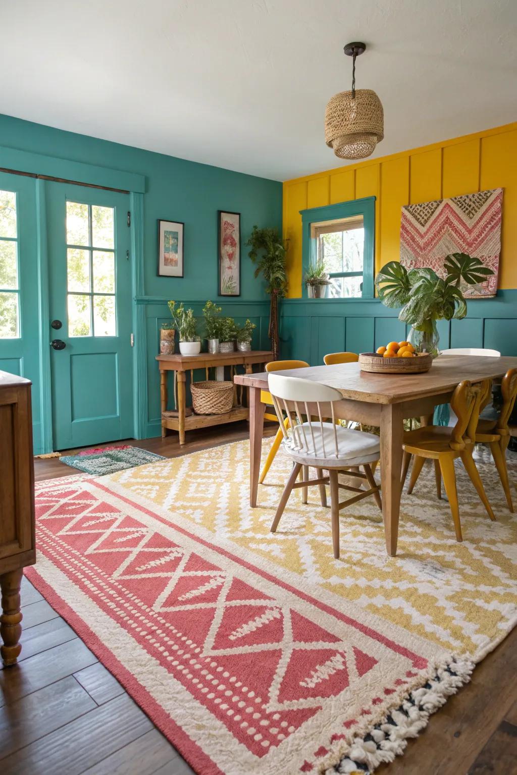 Layering rugs adds texture and coziness, perfect for creating a welcoming dining space. 🏡 #LayeredRugs #FarmhouseStyle