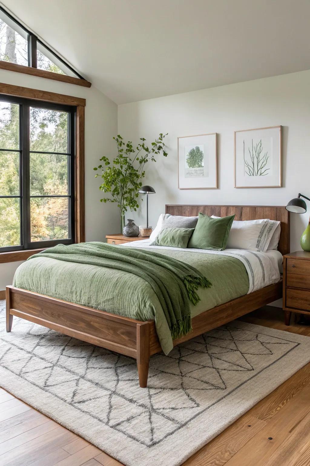Natural wood elements bring warmth and balance to a green-toned bedroom. 🌿🌾 #WoodenDecor #EarthyVibes