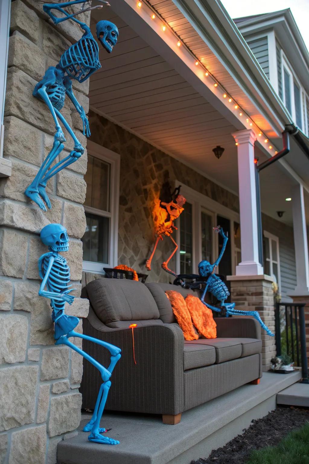 Bring your porch to life with playful skeletons in fun poses. 💀 #SkeletonDecor #HalloweenVibes #SpookySeason