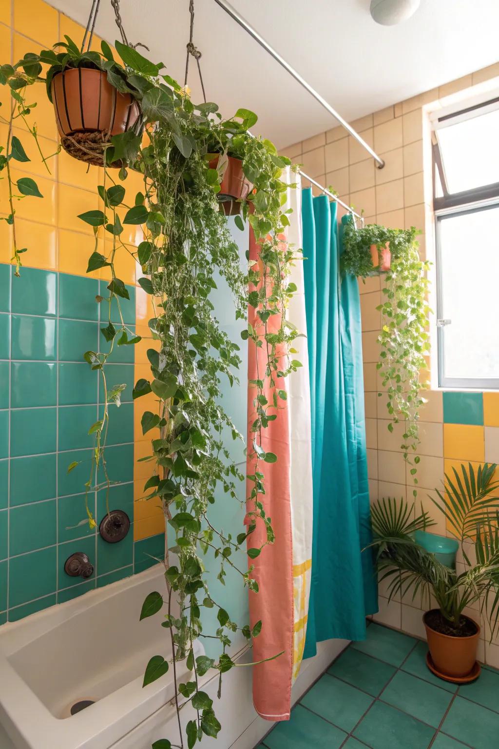 Make use of your shower curtain rod for a unique way to display cascading plants. 🌿 #BathroomDecor #PlantLover