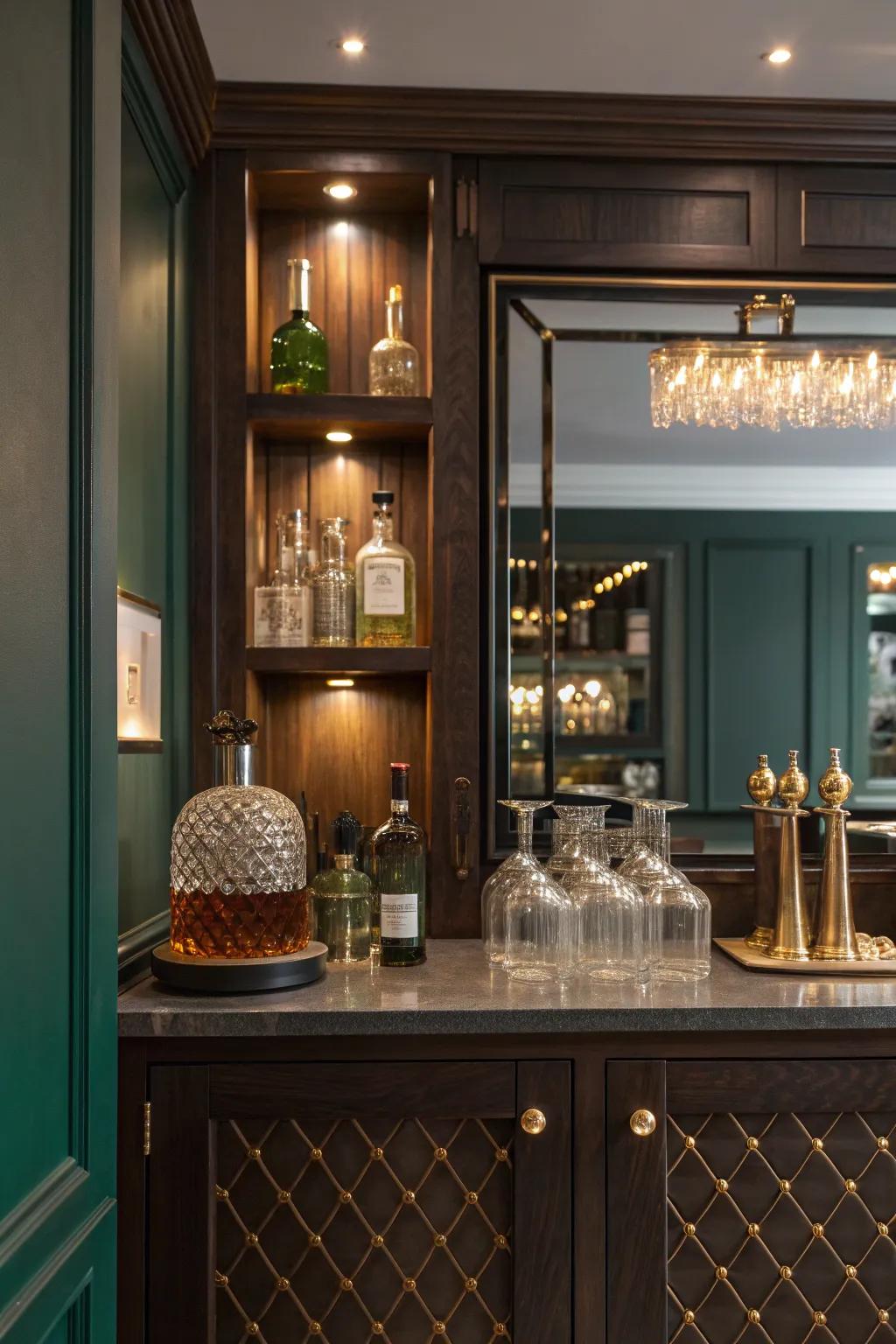 Set the perfect mood with integrated lighting that complements your mirrored bar setup. ✨ #LightingDesign #HomeBar