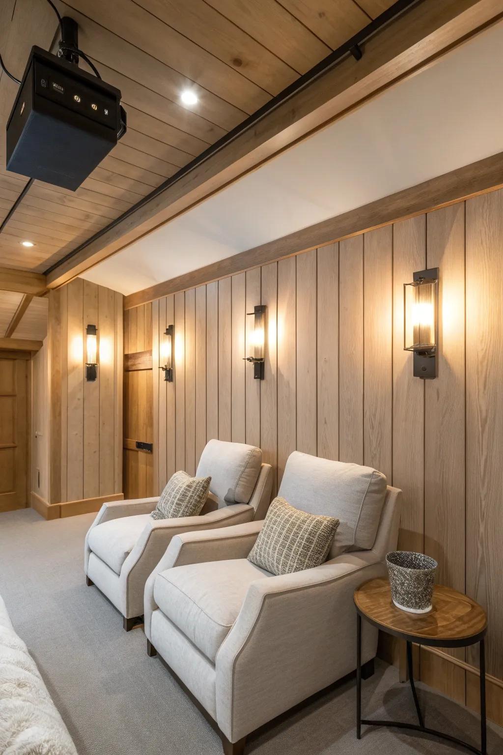 Wall sconces add a touch of elegance and warmth to your home theater. #HomeDecor #LightingIdeas #CozyVibes