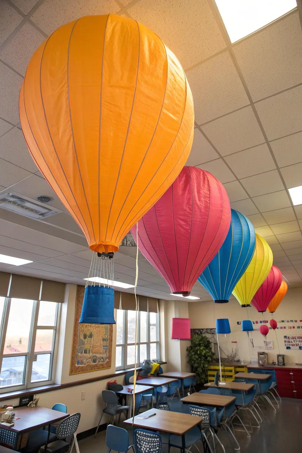 🌈 Turn your ceiling into a magical sky with 3D hot air balloon decor that captivates every gaze. #ClassroomDecor #CreativeSpaces