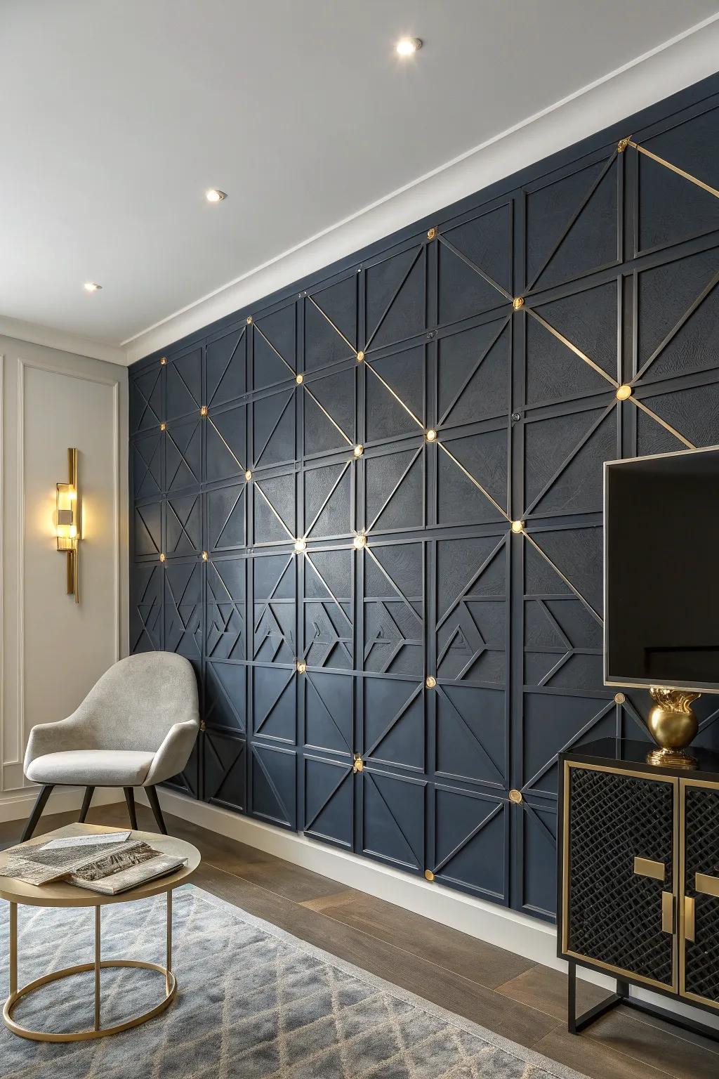 Make a bold statement with geometric wall patterns that add depth and intrigue to your space. ✨ #InteriorDesign #ModernLiving #WallCladding