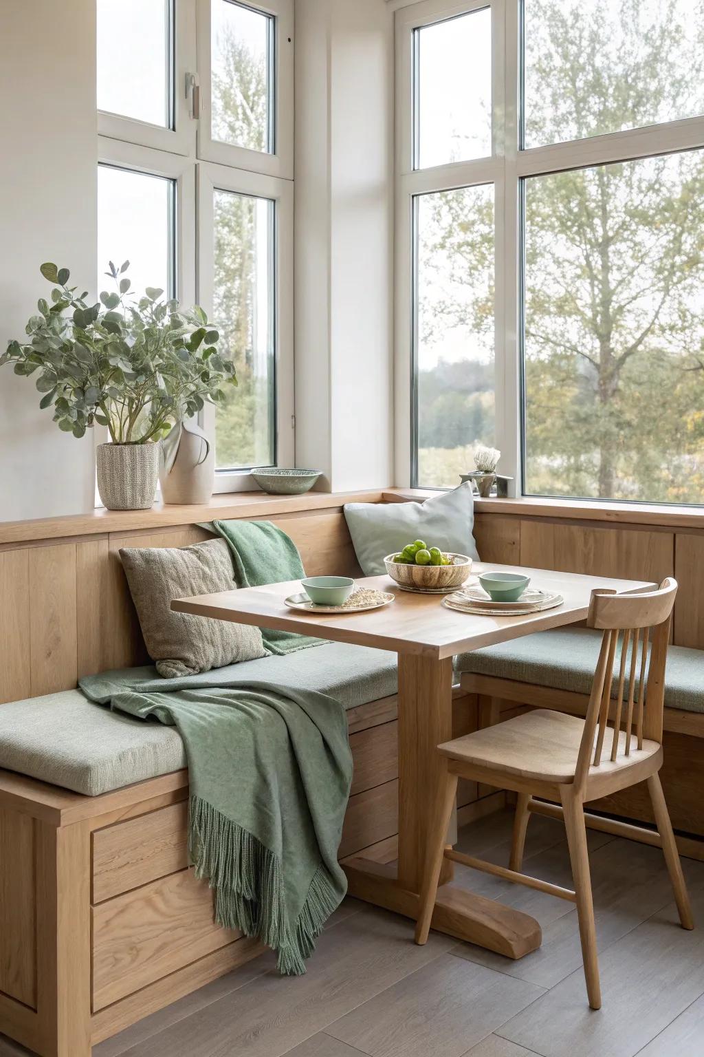Let natural light enhance your dining experience with window-side booth seating. 🌞 #NaturalLight #KitchenNook #CozyCorner