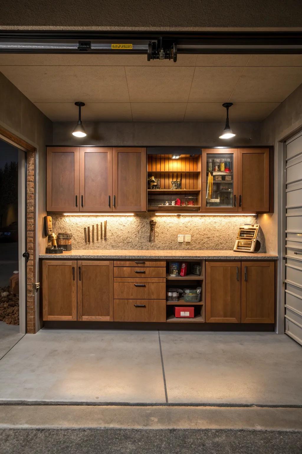 Create a dedicated workspace in your garage with cabinets and countertops. #DIYWorkspace #GarageInspiration