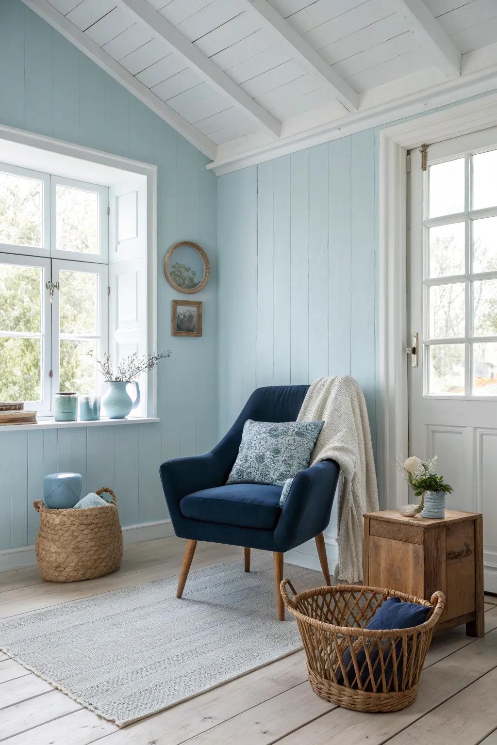 Add depth and drama with dark blue accents in a light blue setting. 🌊 #InteriorDesign #AccentColors