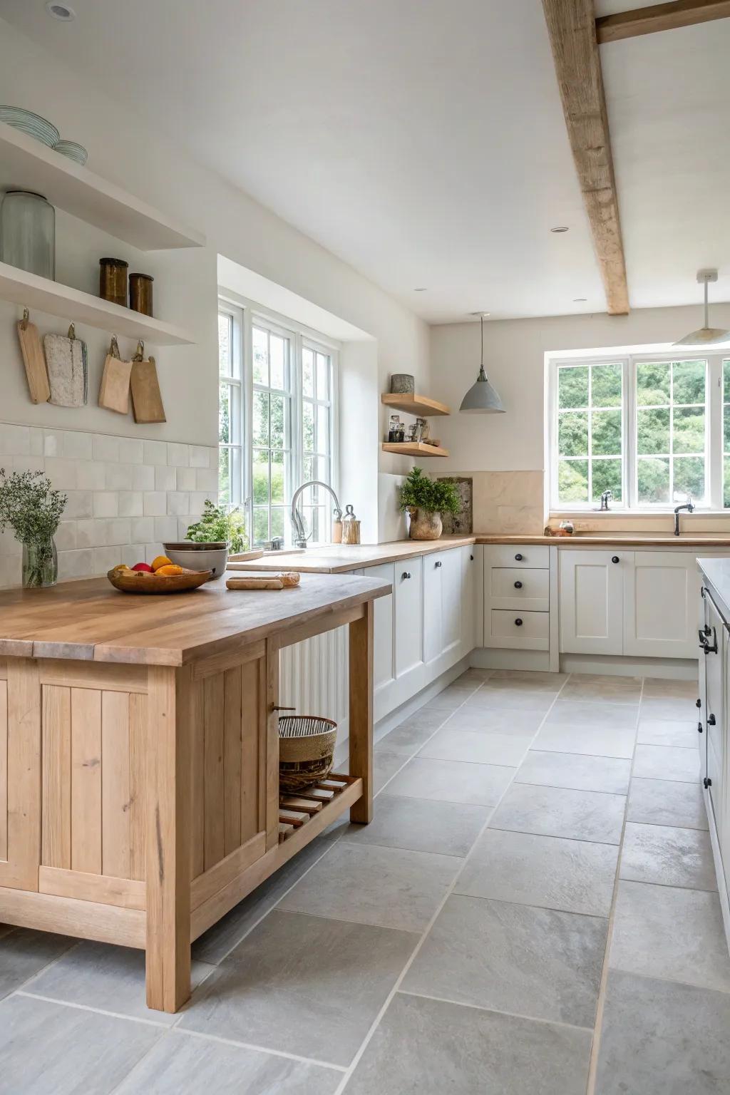 🌿 Add warmth and balance to your kitchen with wooden accents on a backdrop of light grey floors. #KitchenDesign #WarmAccents #HomeDecor