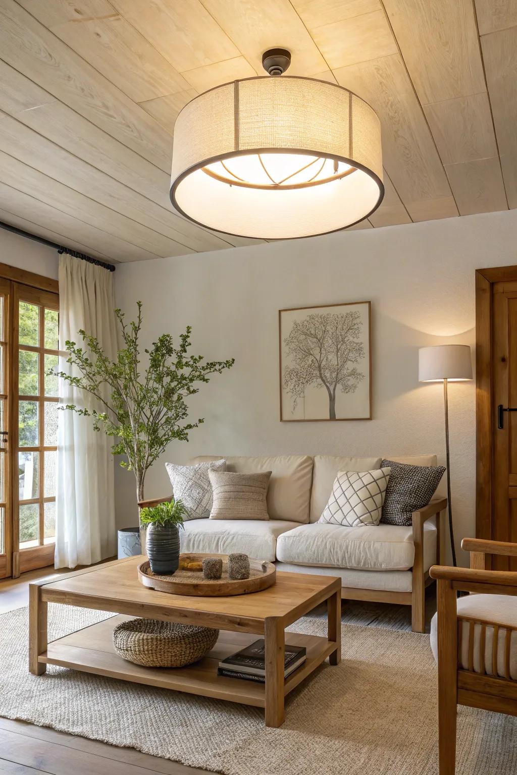 Drum style fixtures provide a soft glow, perfect for cozy living spaces. #LivingRoomDecor #LightingInspiration