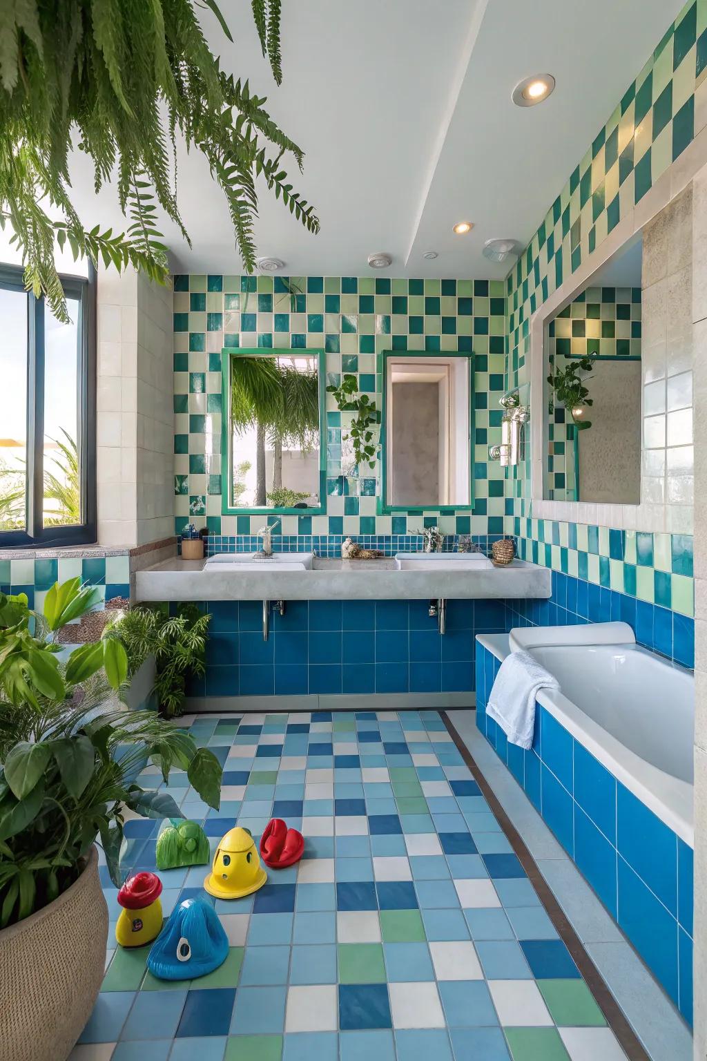 Dynamic tile patterns bring a pop of style and fun to the bathroom floor. 🎨 #TileDesign #BathroomInspiration