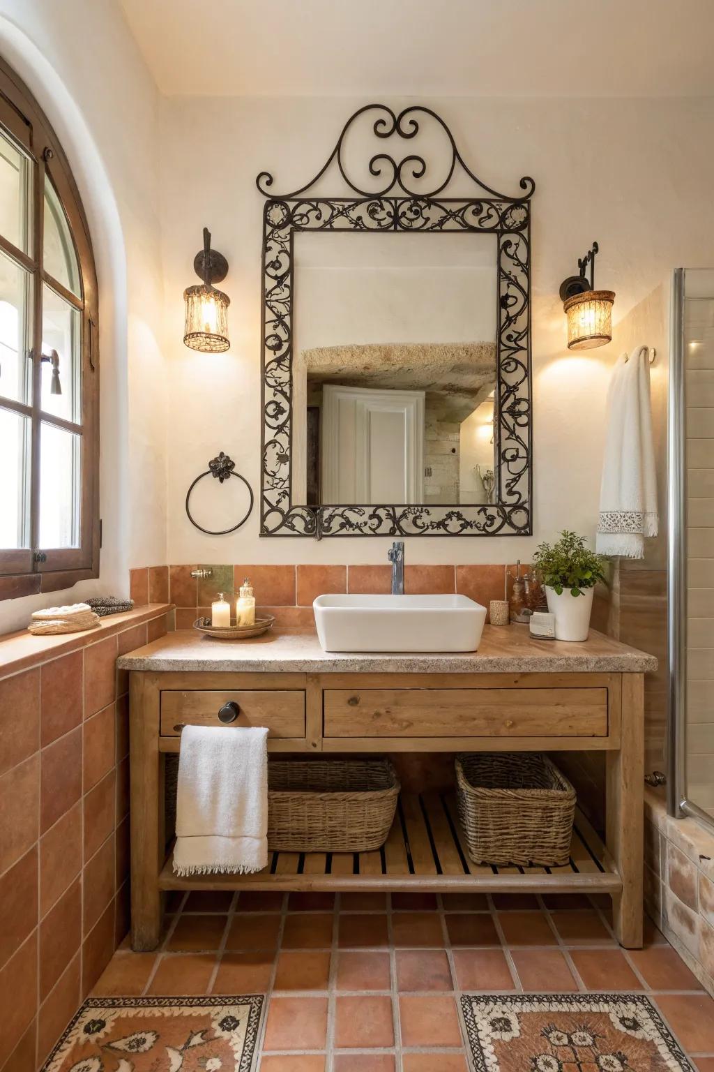Wrought iron details bring a touch of elegance and tradition to your bathroom. #MexicanDesign #BathroomDecor