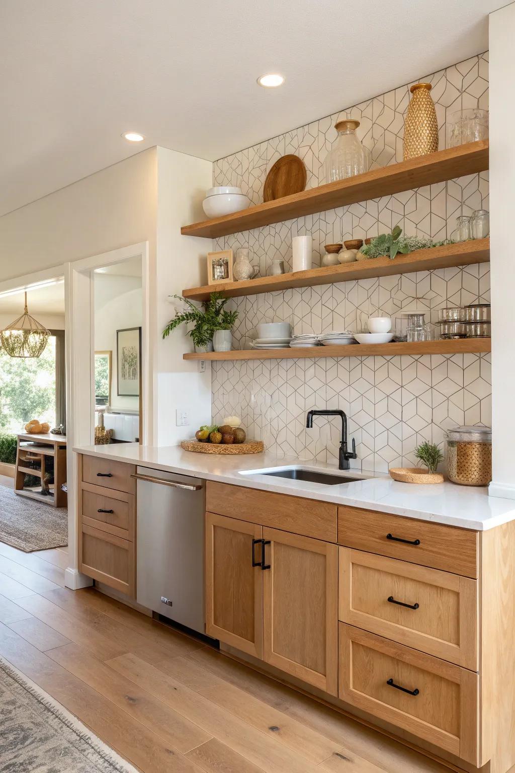 Seamlessly blend natural wood accents with your tiles for a harmonious mid-century kitchen flow. 🌿 #KitchenDesign #MidCenturyModern #InteriorInspiration