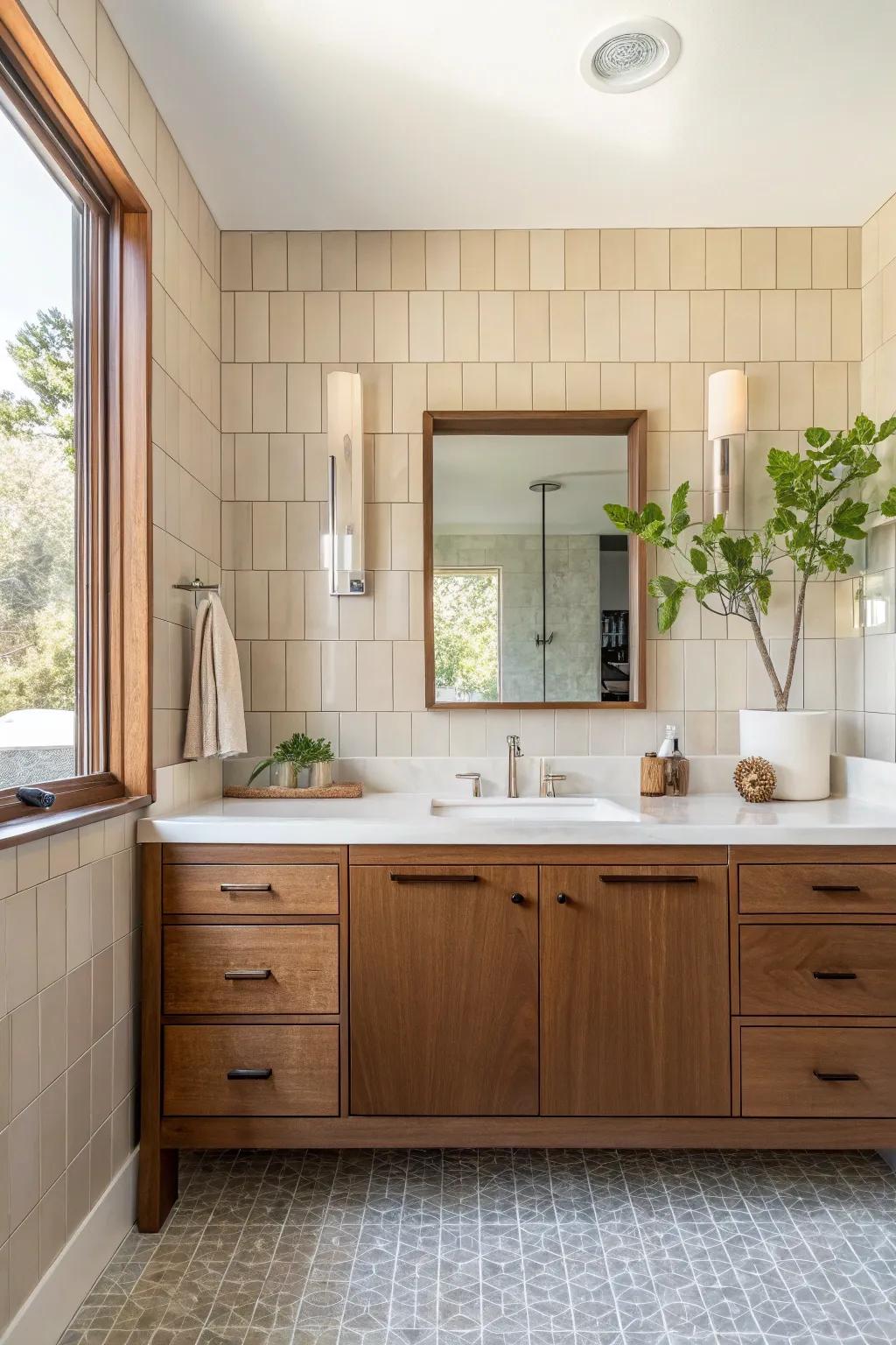 Blend natural elements with modern design for a cozy and timeless bathroom aesthetic. 🌿 #BathroomDesign #MidCenturyModern