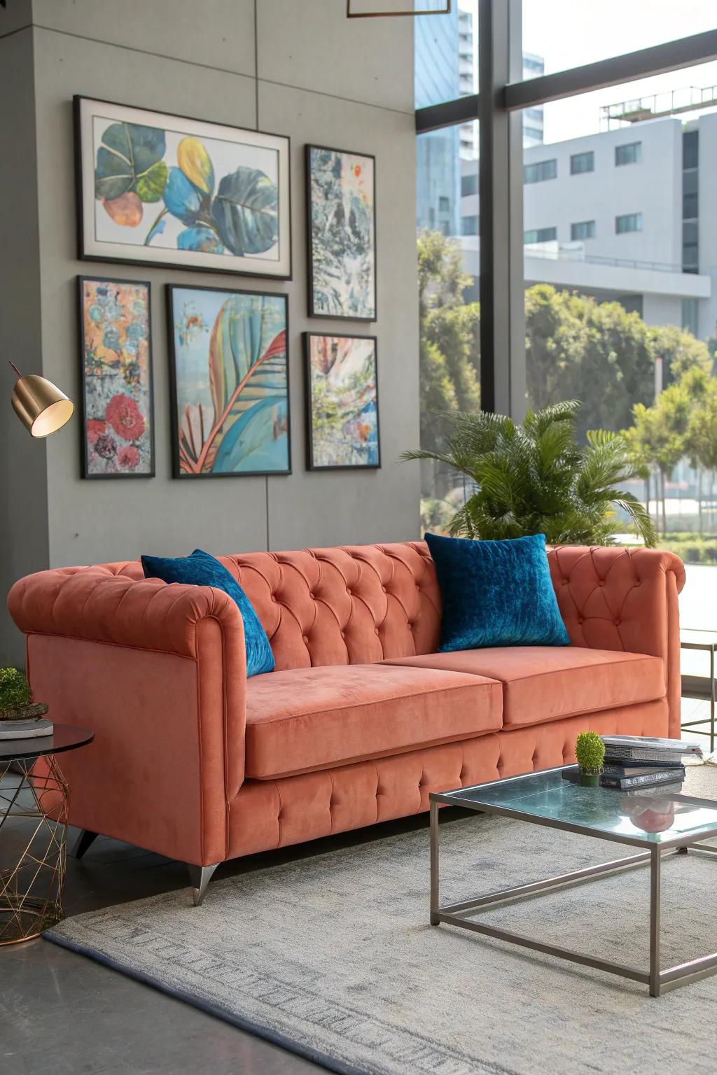 Add a splash of color to your living room with a bold sofa that stands out! 🎨 #ColorPop #HomeDecor