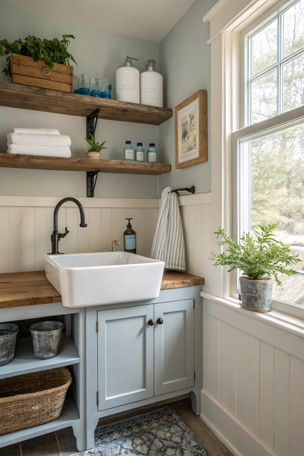 Optimize small mudroom spaces with a compact corner sink. 🌿 #MudroomMakeover #CornerSink #SmallSpaceDesign