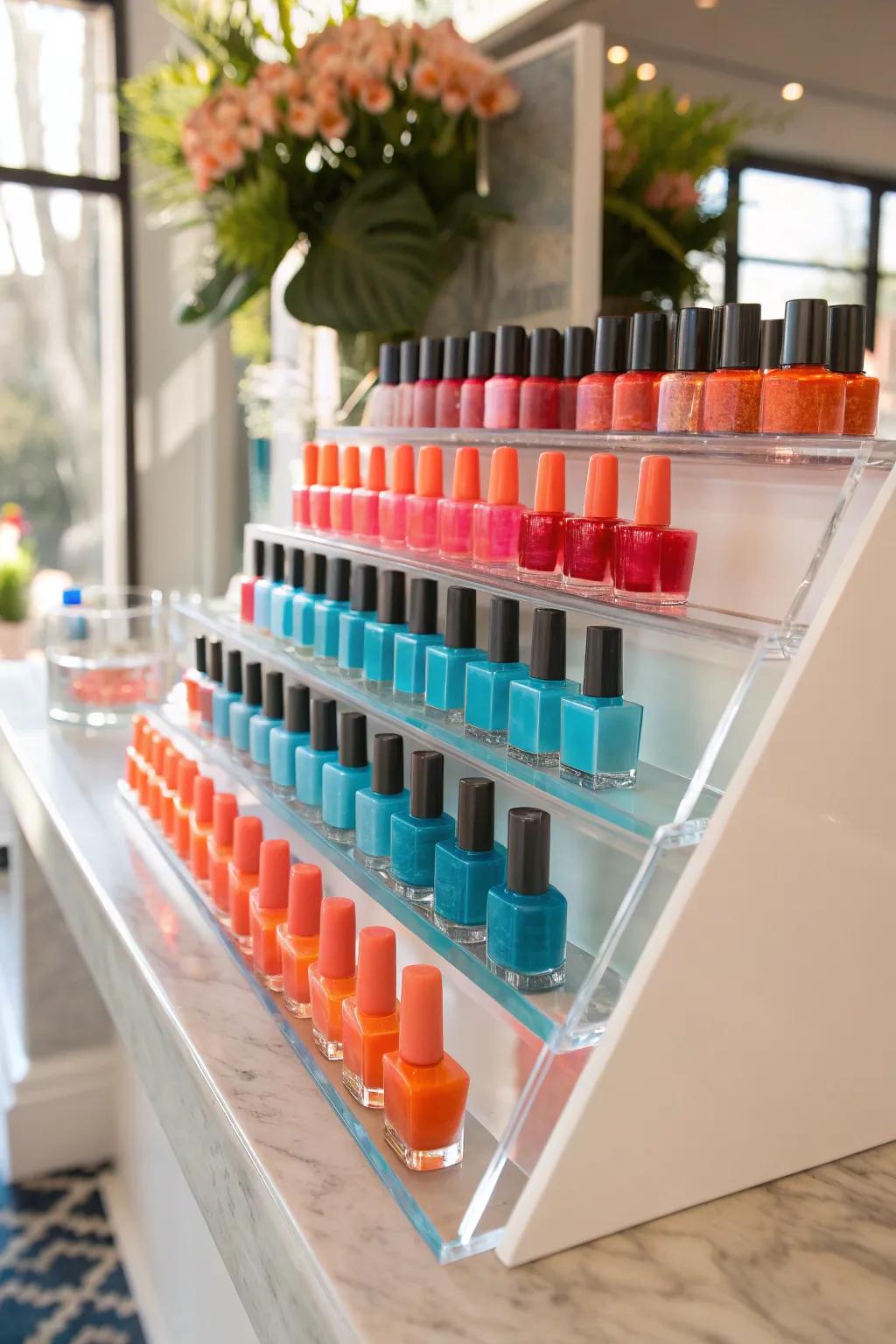 Let your polish colors shine with transparent acrylic shelves that blend seamlessly into any space. #HomeDecor #MinimalistDesign