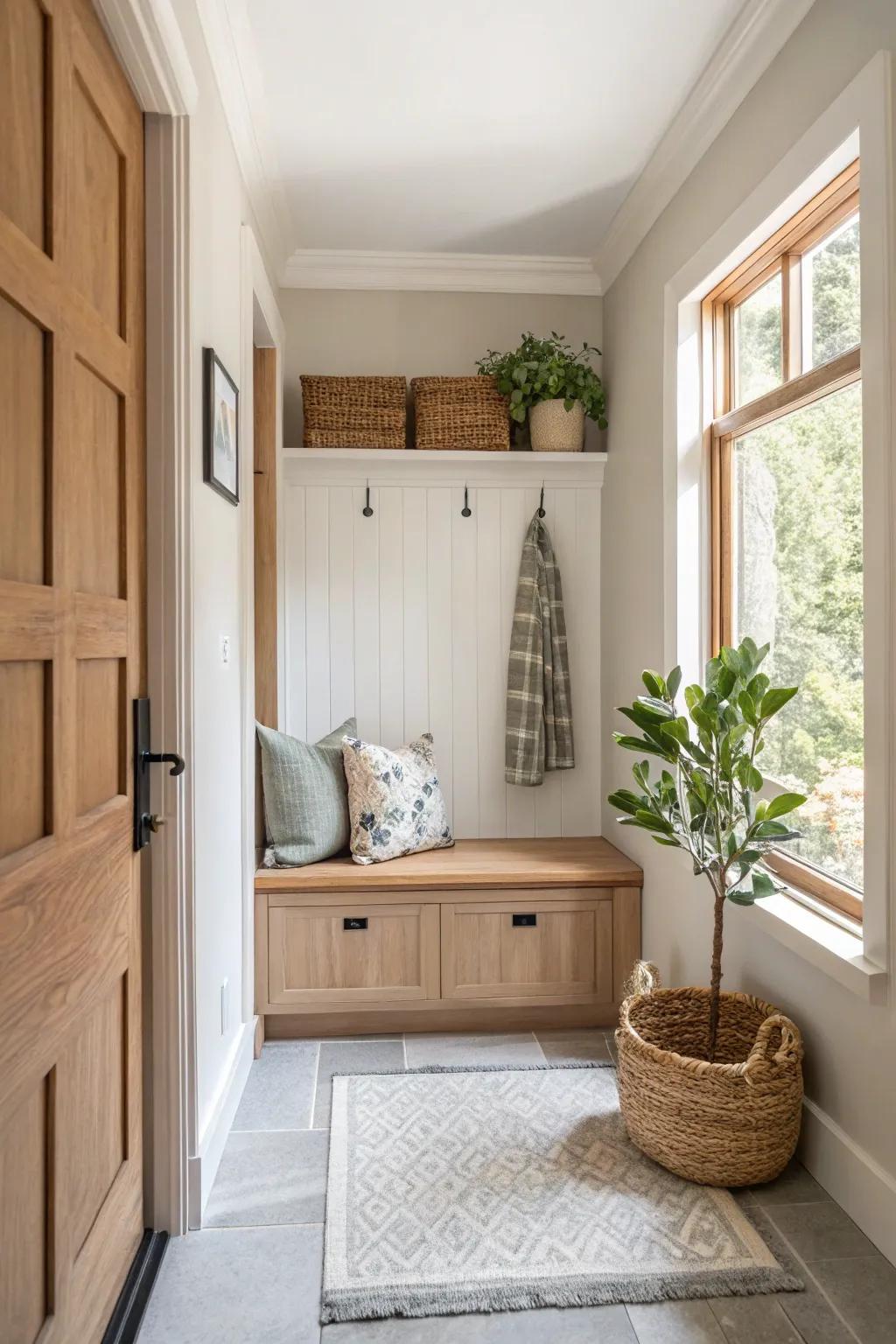 Blend practicality with style by adding a storage bench to your narrow entryway. #EntrywayDesign #HomeInspiration