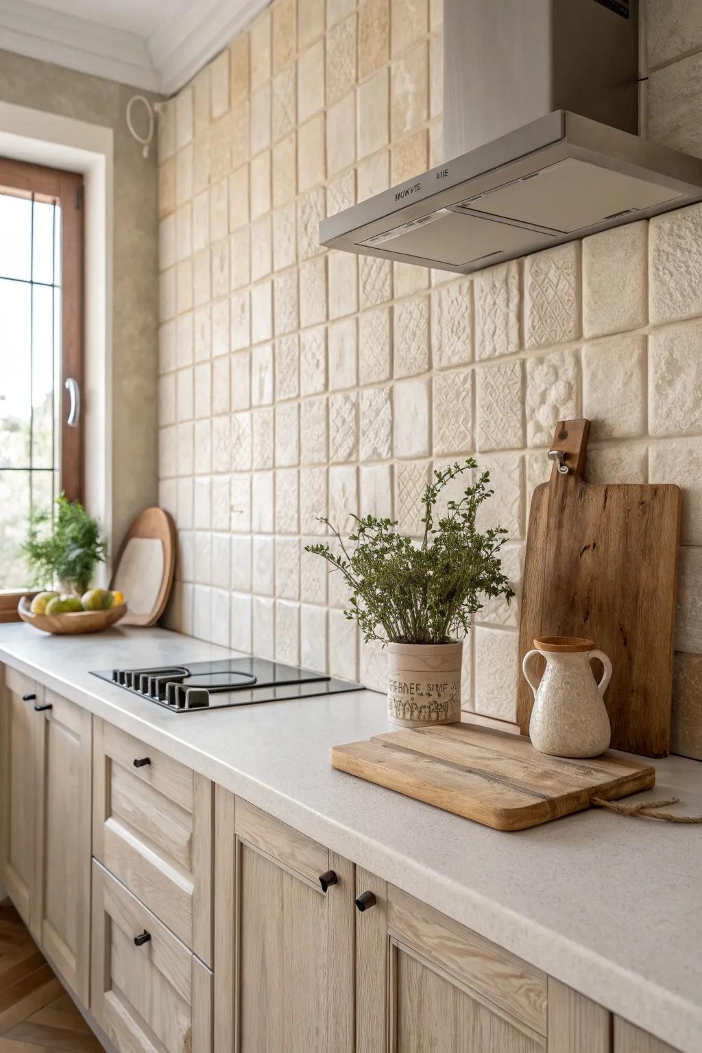 Textured beige tiles create a subtle yet impactful statement in any kitchen setting.