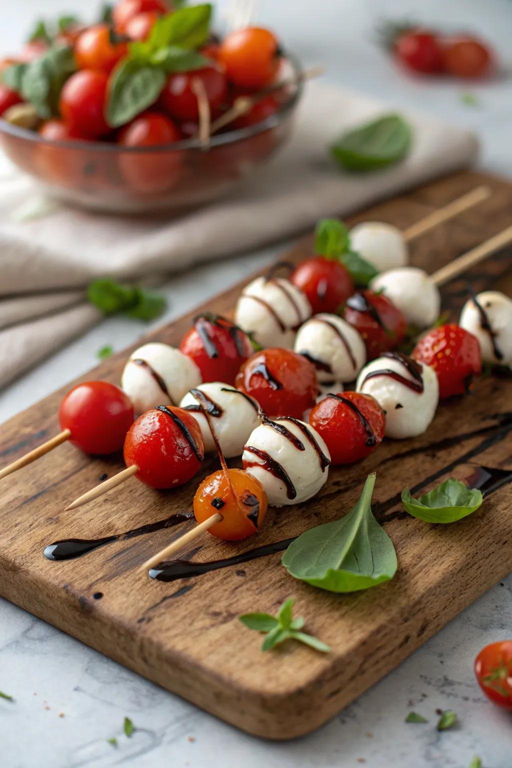 These mini Caprese skewers are a delightful burst of flavor in every bite. 🍅🧀 #AppetizerGoals #PartyFood #CapreseLove