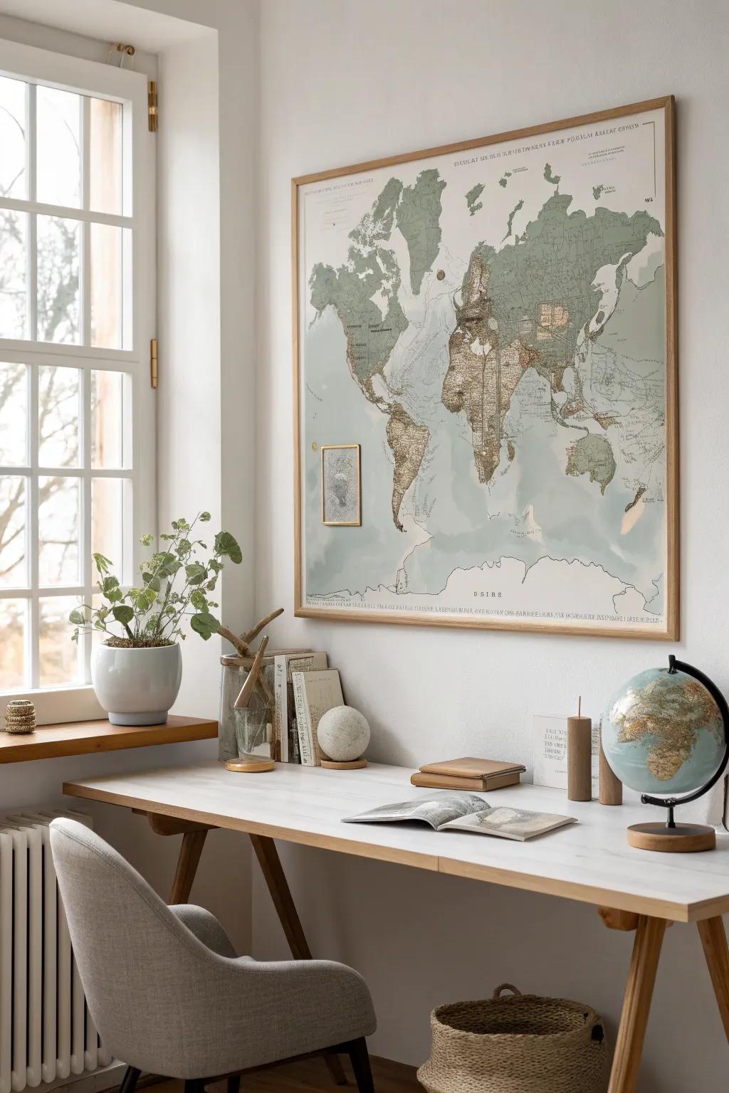 Explore the world from your desk with a stylish world map that inspires wanderlust. 🌍 #TravelInspiration #OfficeDecor