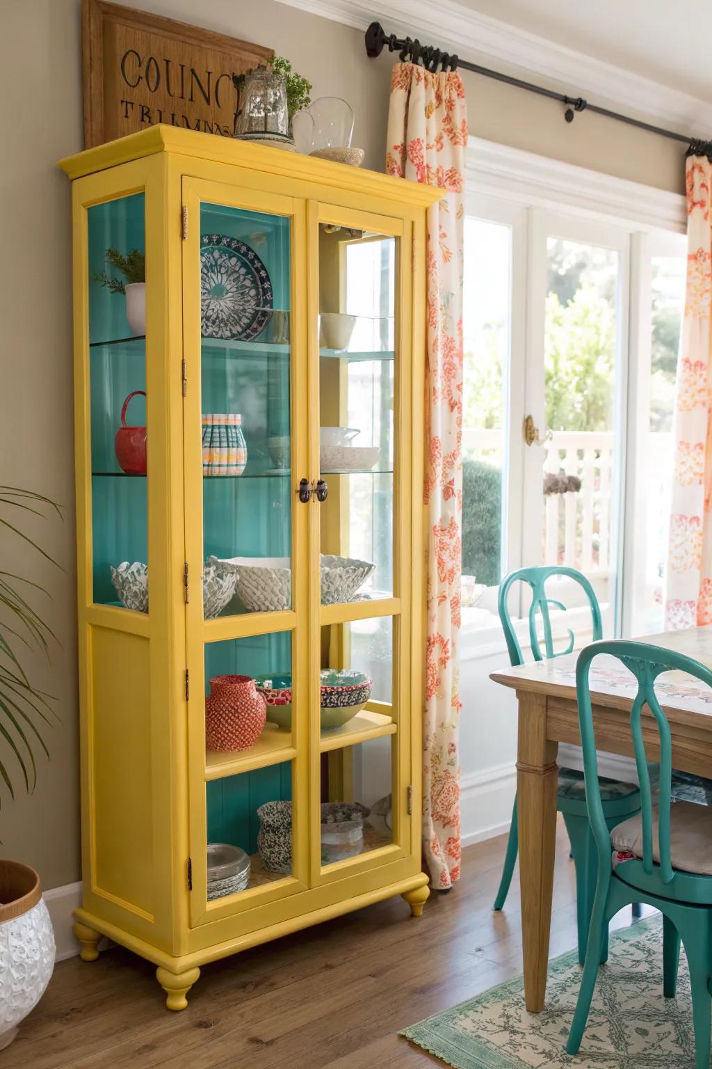 A sunny yellow cabinet turns up the cheer factor in any dining space. 🌞 #SunnyVibes #InteriorJoy