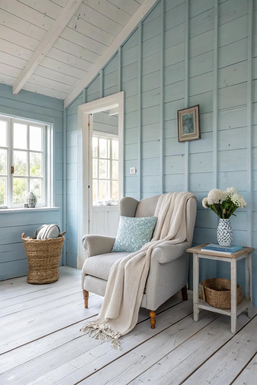 Blue hues on knotty pine walls evoke a serene, beachy atmosphere. 🌊
