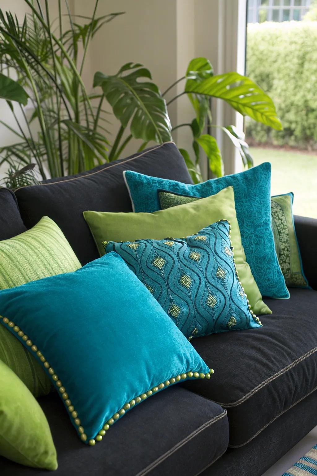 Bring the tranquility of nature indoors with serene blue and green pillows.