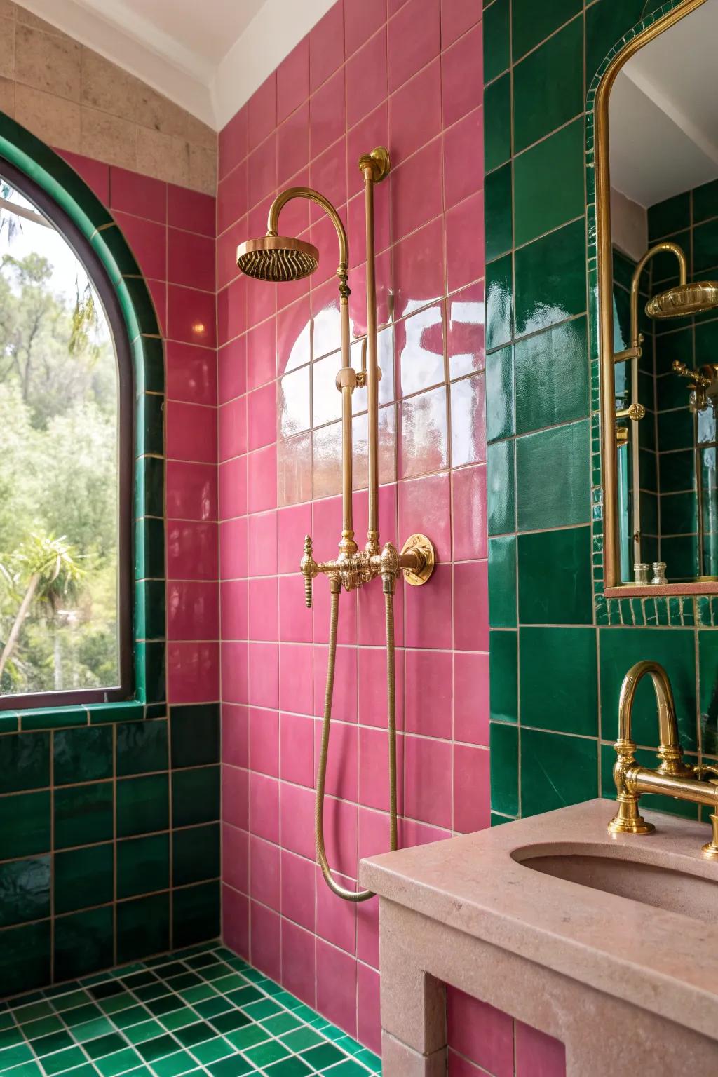 Turn up the glamour with gold fixtures that beautifully complement pink and green hues. ✨ #BathroomGlam #GoldAccents #InteriorInspo