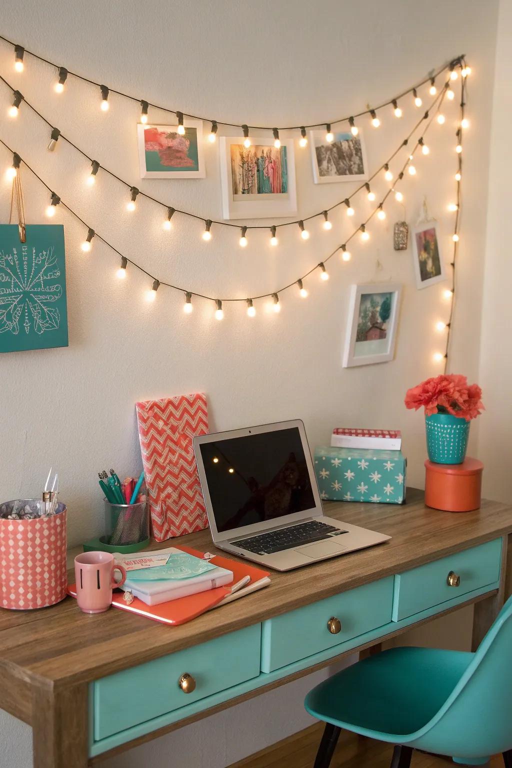 Let your desk sparkle with the gentle glow of enchanting lighting. ✨ #HomeDecor #LightingIdeas #PreppyStyle
