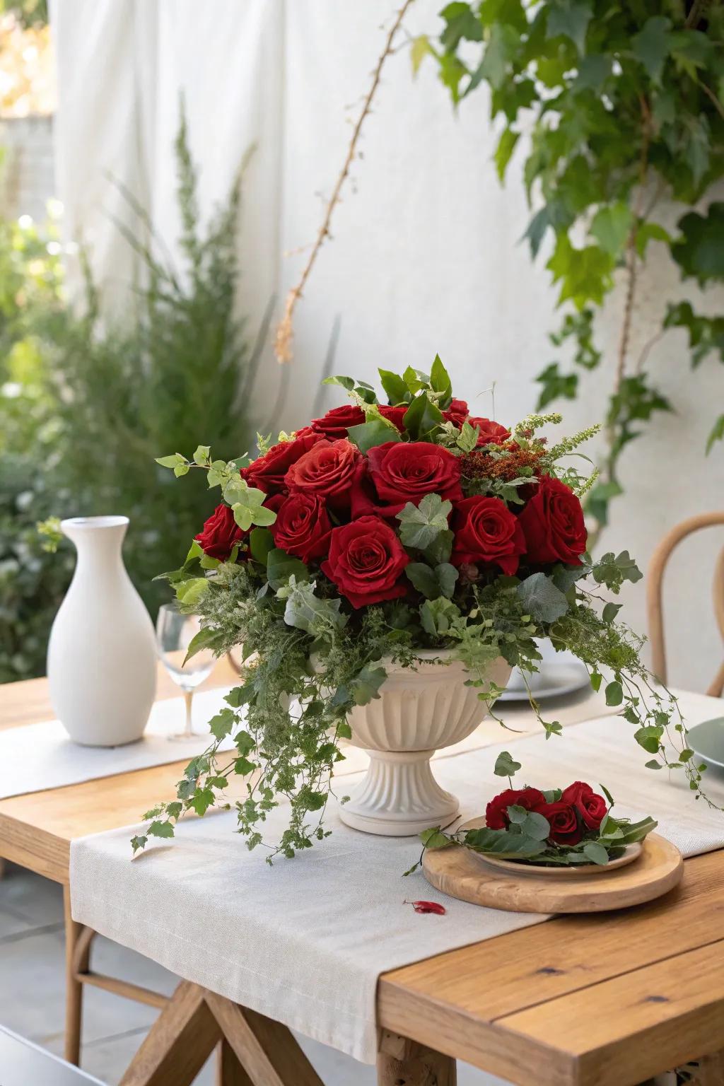 Embrace the garden look with a blend of red roses and greenery. 🌹🍃 #GardenVibes #HomeDecor