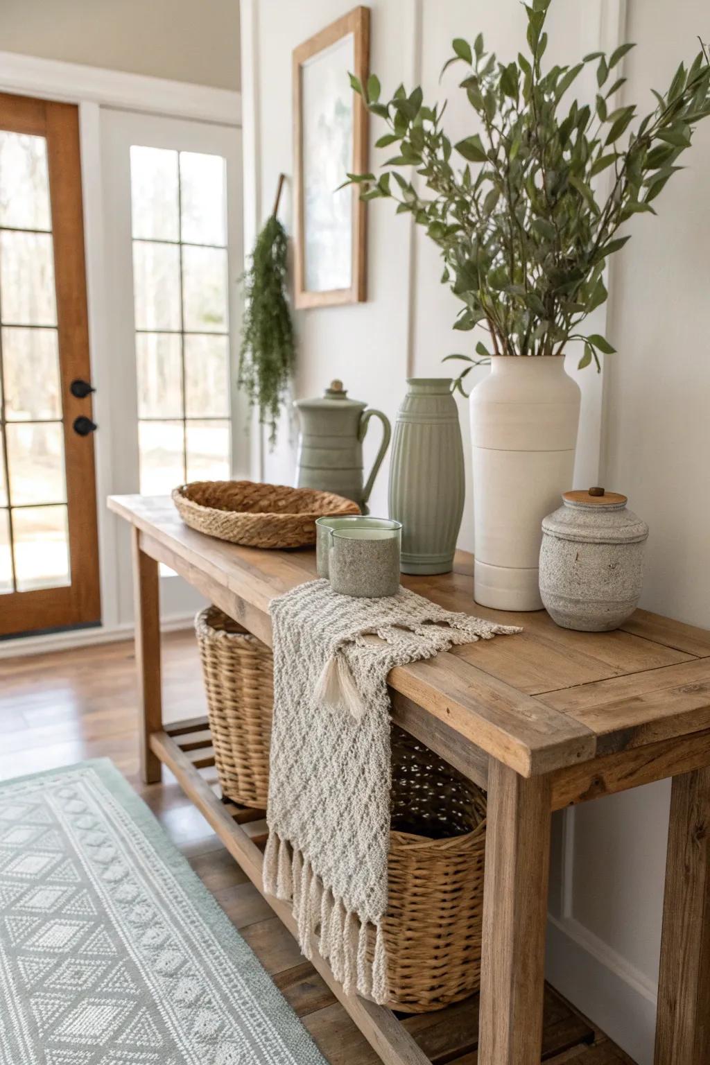 Layered textiles add warmth and texture to your rustic entryway setup. 🌿 #RusticDecor #TextileLayers