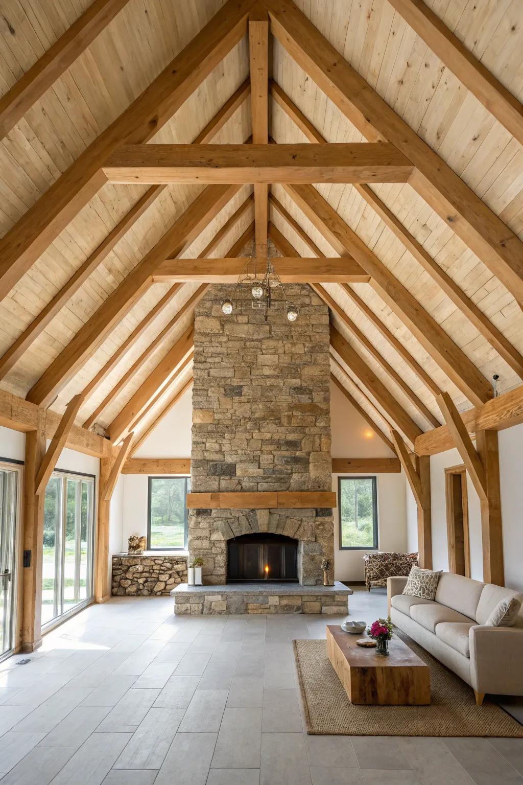 Exposed beams add depth and rustic charm, making your fireplace the star of the room.
