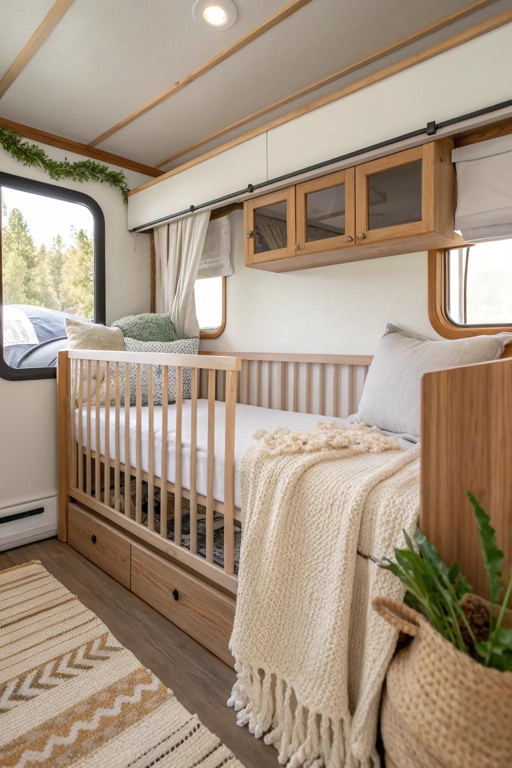 Transform existing furniture into a functional crib space. 🌟 #RVLiving #TinyLiving #CreativeSpaces