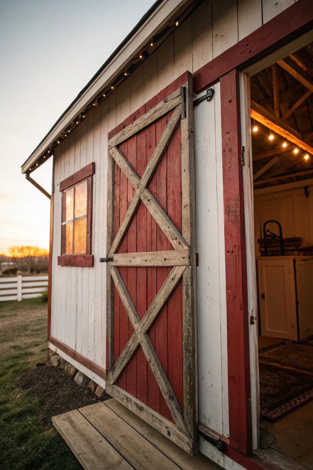 Rustic charm meets modern design with barn-style doors that invite warmth and character. #ShedStyle #RusticDesign #HomeInspiration