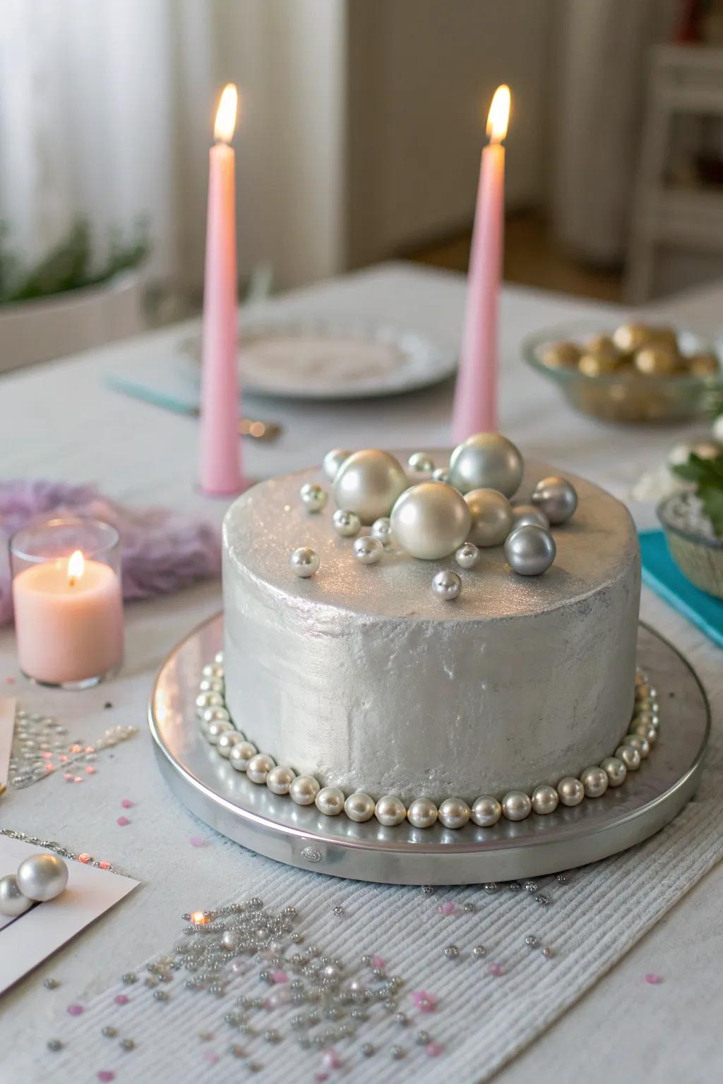 A delicate touch of silver pearls transforms this cake into a masterpiece. 🎉 #DessertDesign #PartyInspo