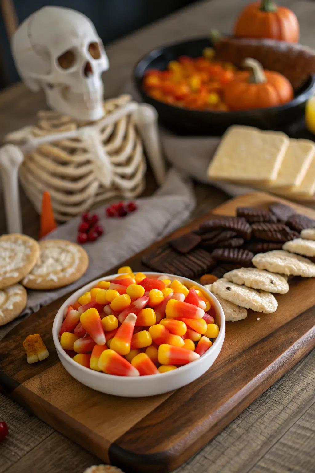 Candy corn adds a pop of color and sweetness to your skeleton charcuterie board.
