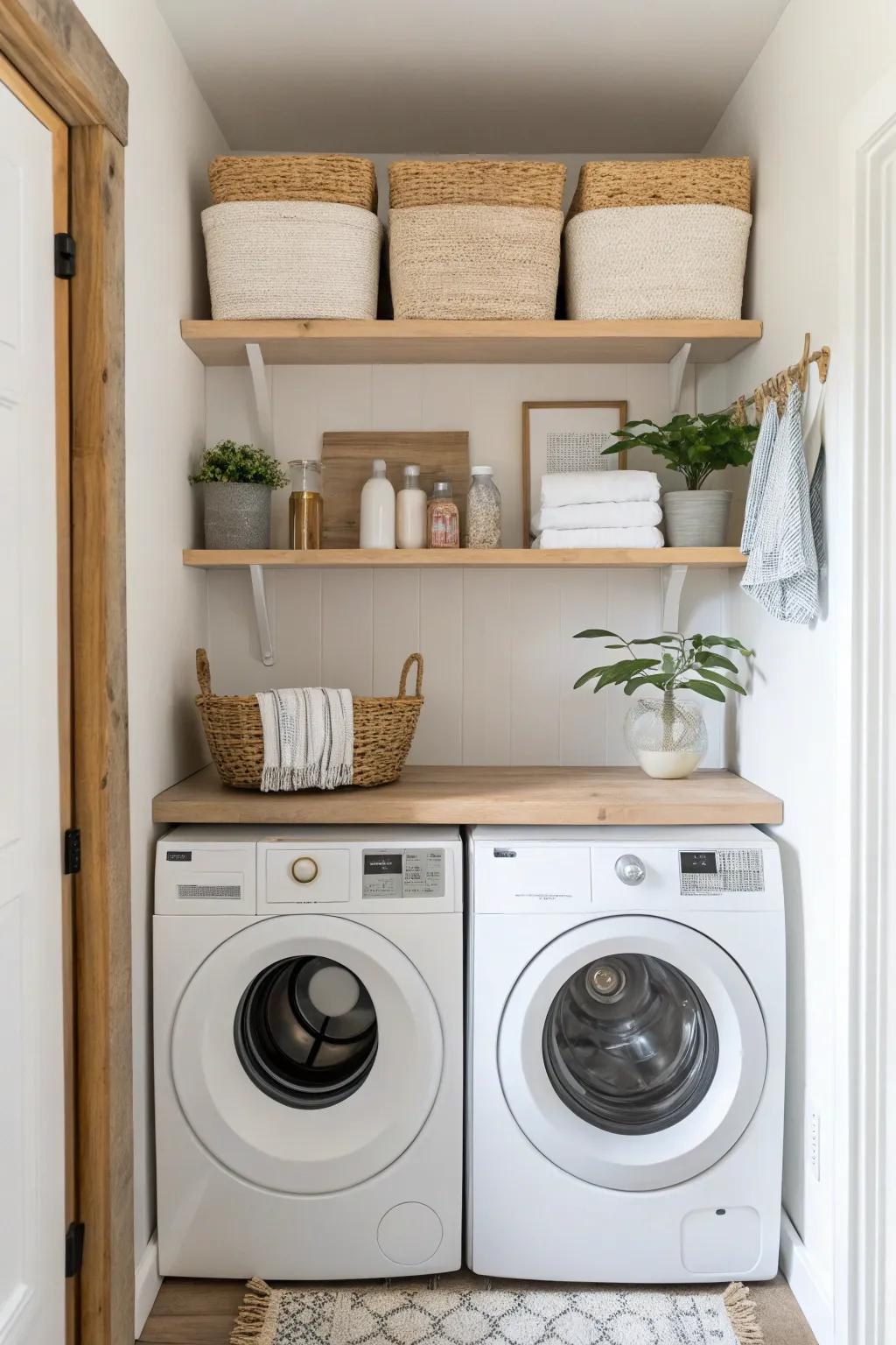 Add personality and practicality with open shelving in your laundry nook. #Shelfie #HomeDecor 🏡