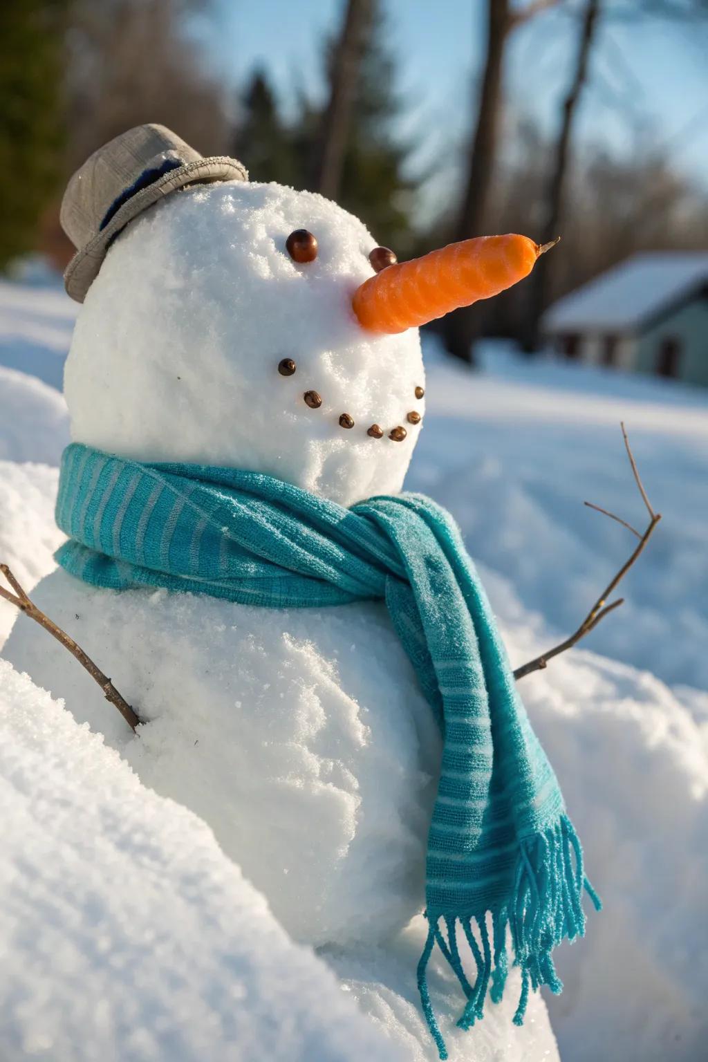 A curved carrot brings a playful grin to your snowman's face. 🥕