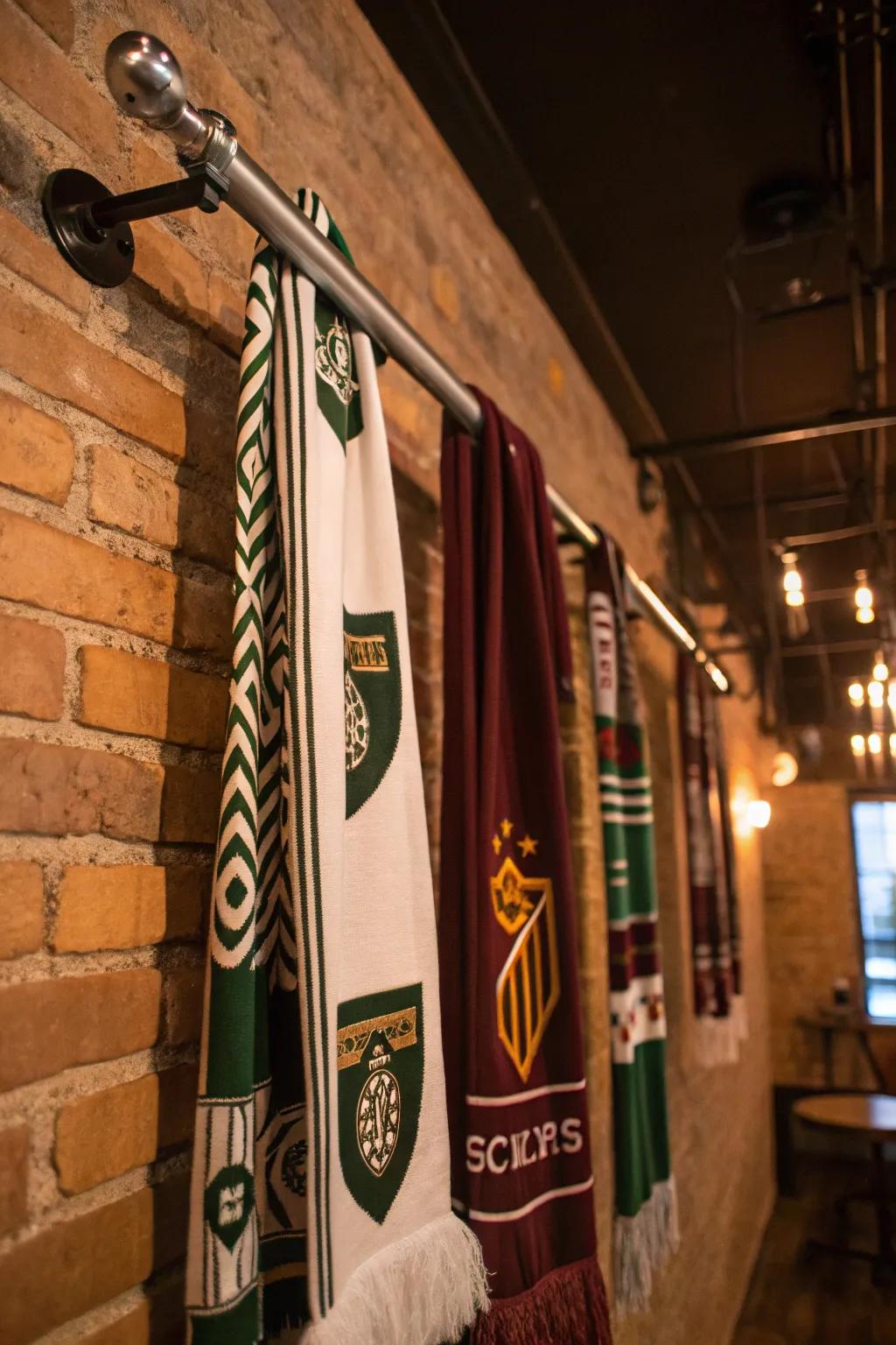 Drape your scarves over a rod for a display that's as flexible as it is eye-catching. #HomeDecor #SoccerLove #InteriorInspiration