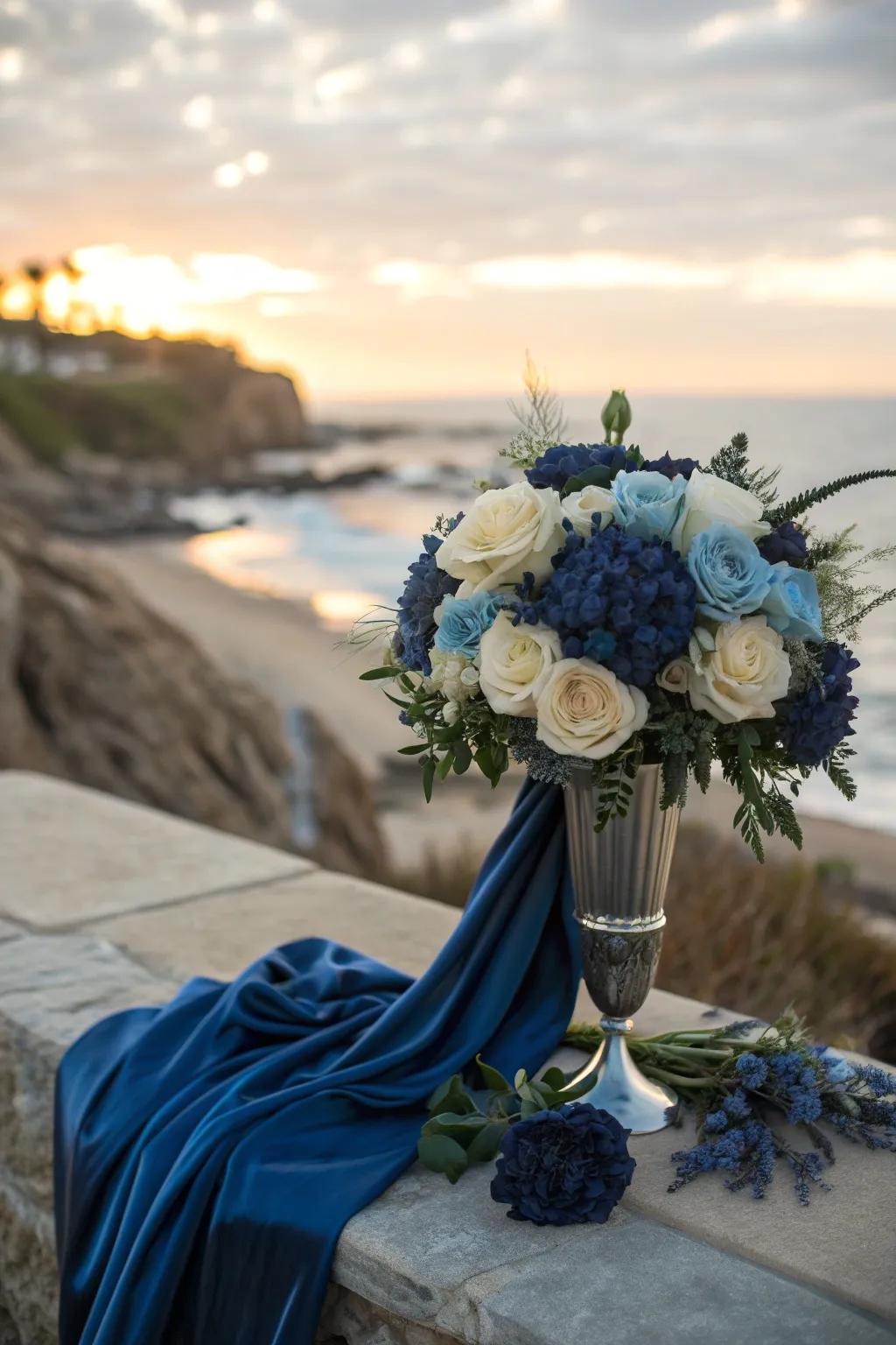 Create a sophisticated seaside ambiance with this elegant color combination, perfect for coastal weddings. 🌊💙 #WeddingColors #CoastalElegance