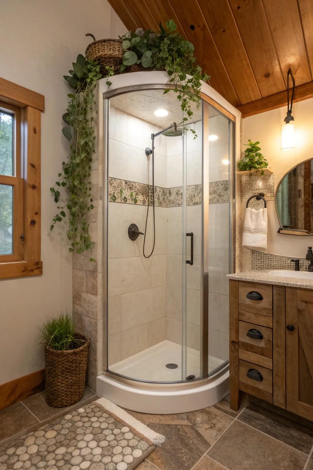 Maximize every inch with an innovative corner shower that perfectly balances function and elegance. 🌿 #TinyHouseDesign #SpaceSaver