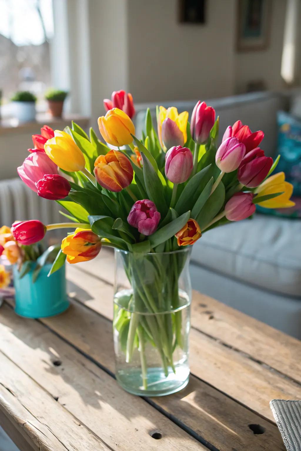 Brighten your day with a vibrant mix of tulip colors, a feast for the eyes! #SpringDecor #FlowerInspiration