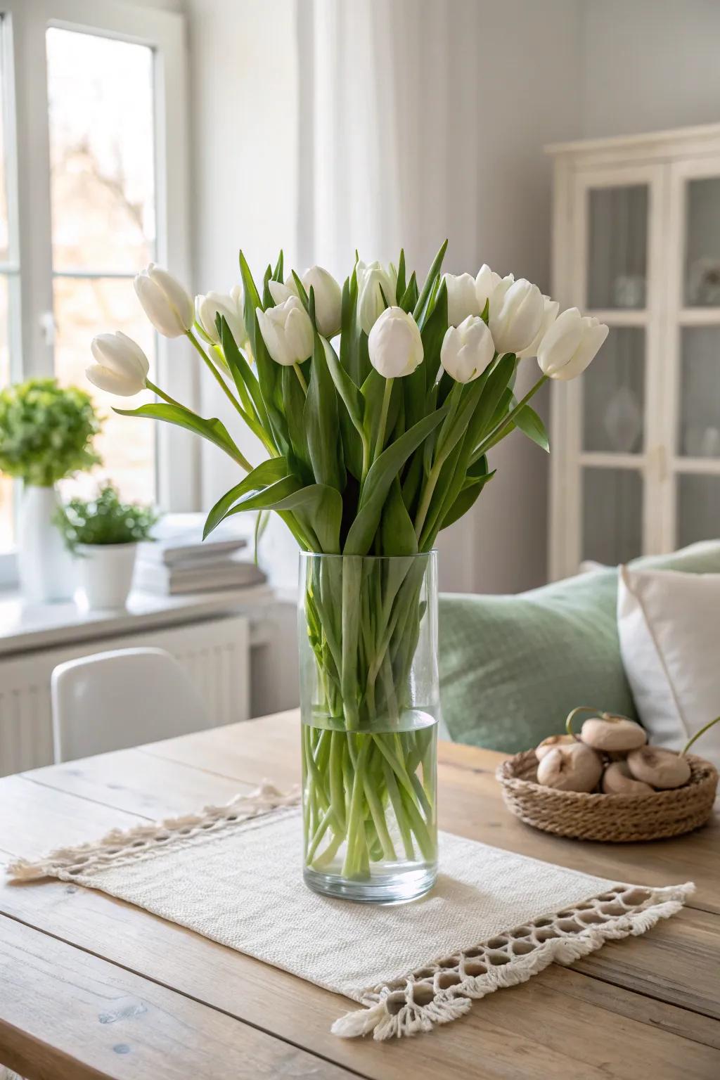 Let the beauty of tulips shine in full-length glory. #MinimalistDecor #TulipCenterpiece 🌿