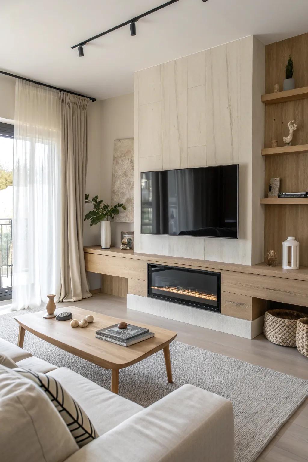 Simplicity meets style with a modern, minimalist TV over fireplace setup. 🌿 #MinimalistDesign #ModernLiving