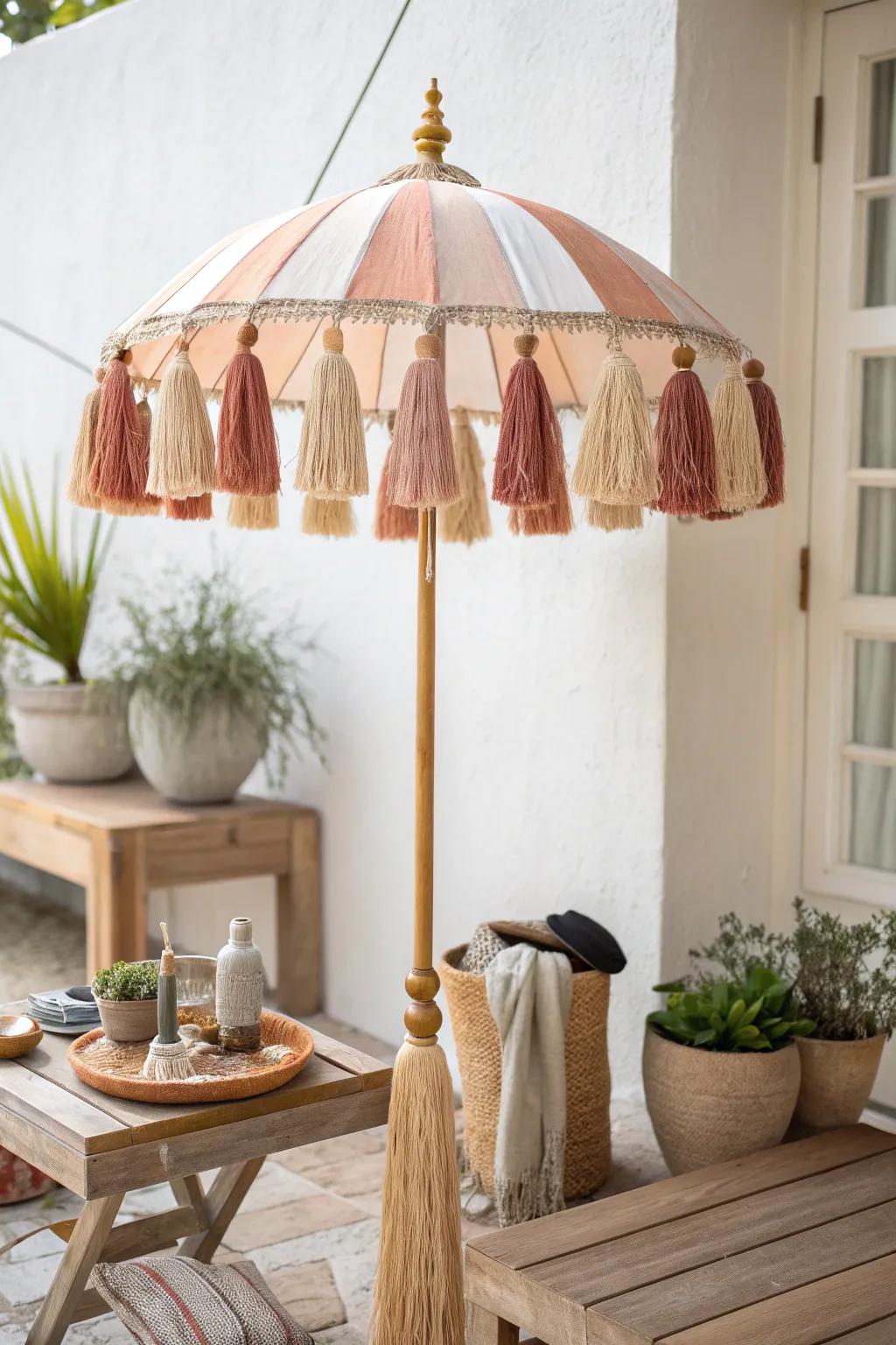 Bring a festive flair to your decor with tassel-adorned umbrellas. 🎉 #FestiveDecor #UmbrellaIdeas