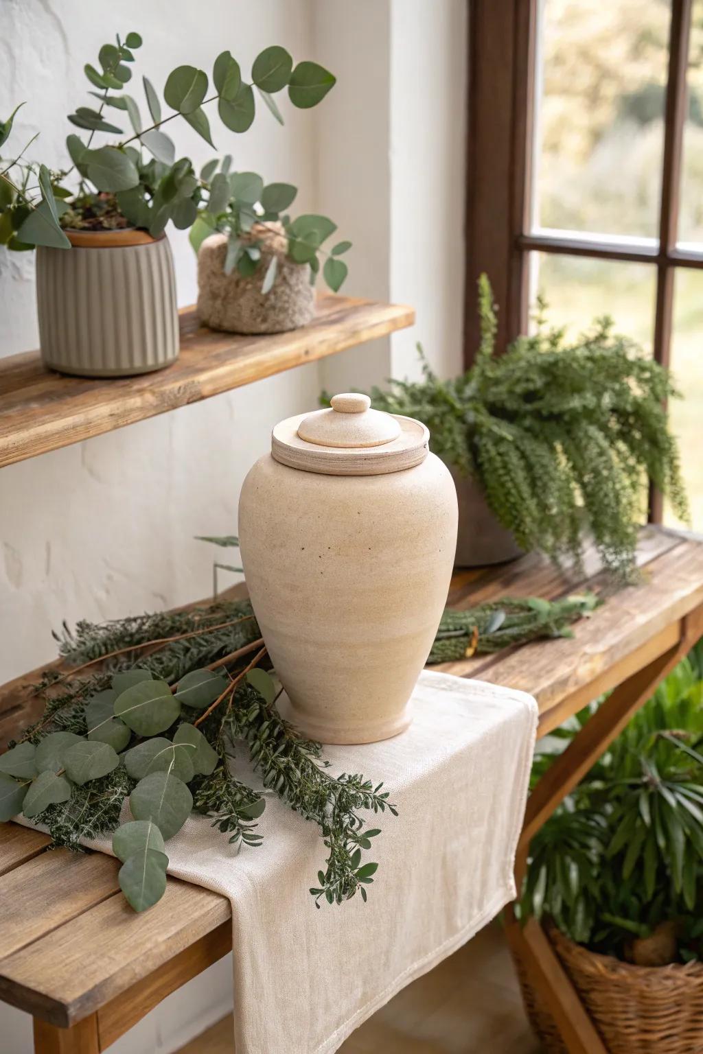 Transform your memorial space with the soothing presence of greenery and natural accents. 🌿 #HomeDecor #GreenLiving #MemorialIdeas