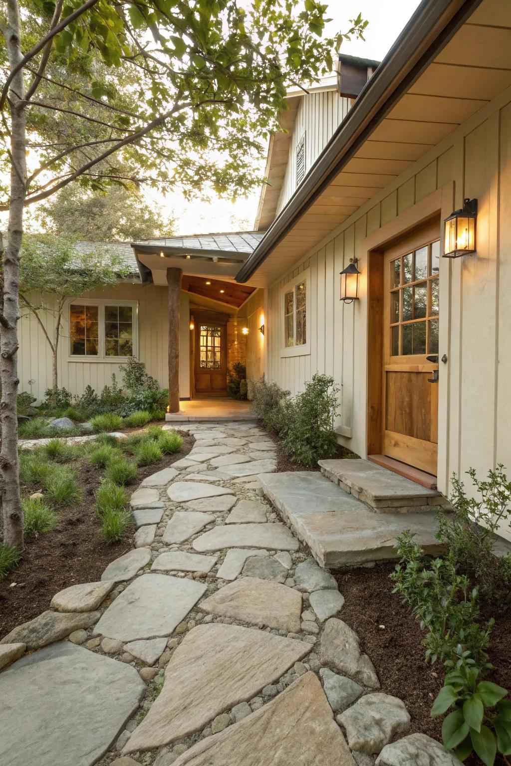 Capture rustic charm with a flagstone walkway that blends seamlessly with the landscape. 🌿 #RusticDesign #HomeEntrance