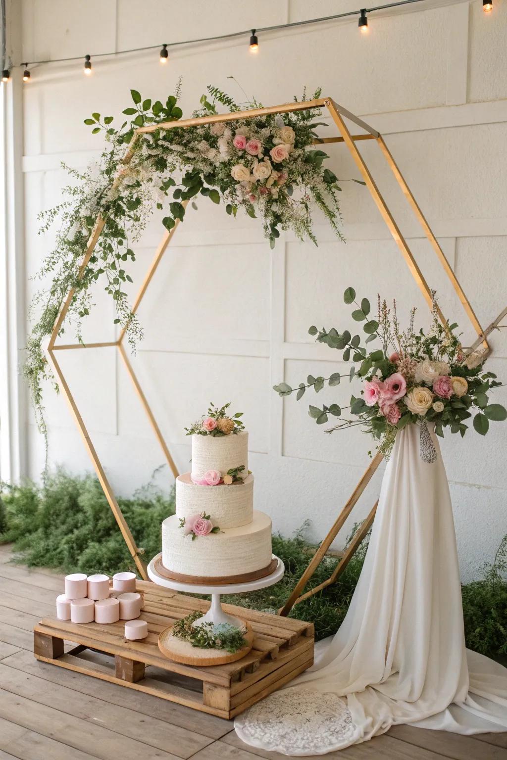 Modern meets elegance with a geometric floral frame that highlights your cake. #WeddingInspo #ModernDecor #CakeDesign